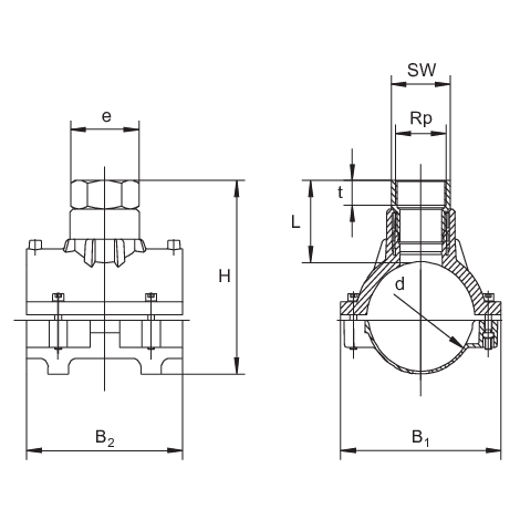 Armature de vanne avec transition PE-HD/fonte rouge