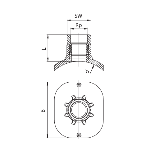 Armature de vanne avec transition PE-HD/fonte rouge
