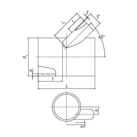 Einfachabzweig mit sohlgleichem, reduziertem Abgang 45° (Stutzenfitting)
